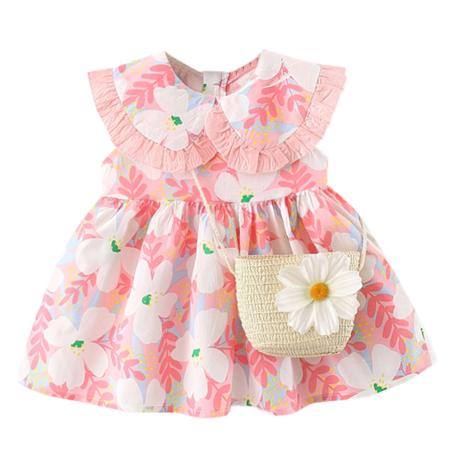 JSCDRPDWL Baby Girl Clothes Toddler Baby Kids Girls Peter Pan Collar Ruched Summer Princess Dresses Clothes Girls Clothes Pink 12-18 Months